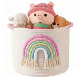 Toy Storage Baskets Woven Cotton Rope Storage Basket with 3D Rainbow Decor for Kids Multifunctional Blanket Baskets for Living Room Toys Organizer with Handle for Gifts Girls Baby Hamper Nursery