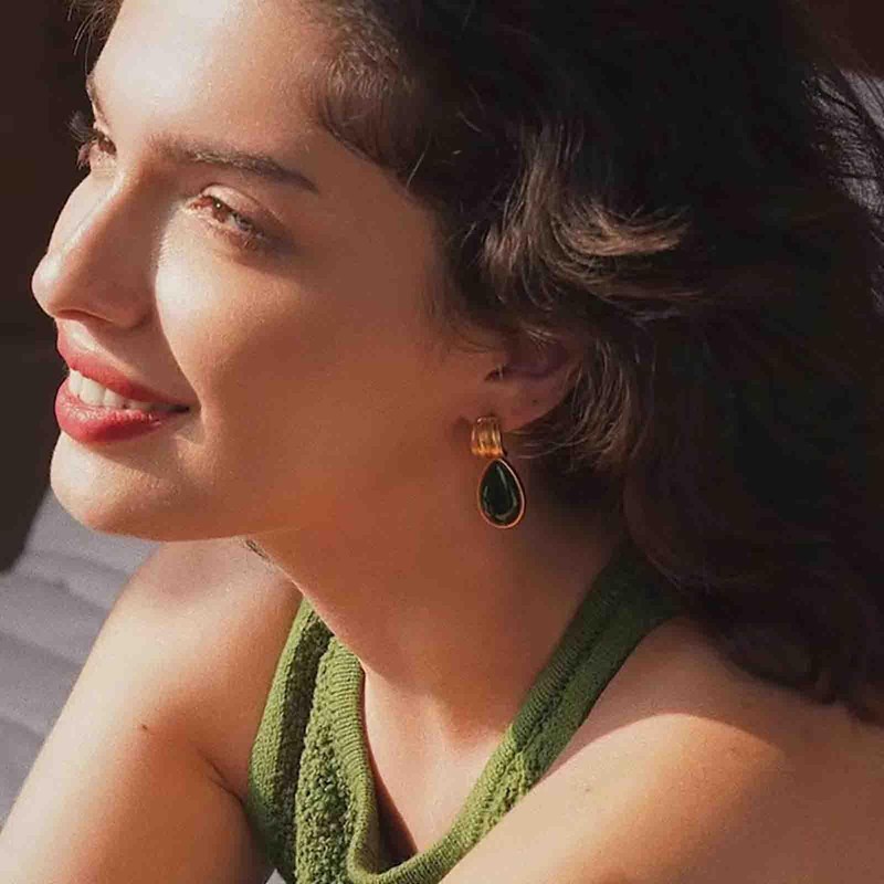 Yheakne Boho Emerald Teardrop Earrings Gold C Shape Stud Earrings