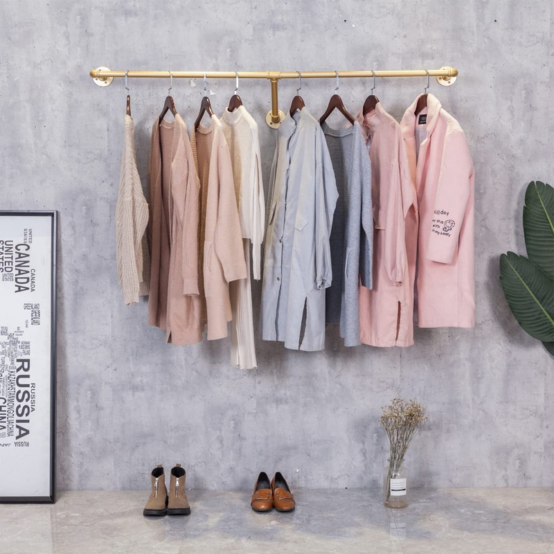 FURVOKIA Industrial Pipe Wall Mounted Clothes Hanging Shelves System,Metal Clothing