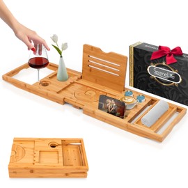 SereneLife Bamboo Bathtub Caddy with Adjustable Length, Non-Slip Handles, Integrated Device Holder and Wine Glass Slot - Expandable Design for Comfortable Bathing
