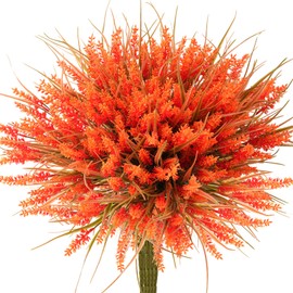 20 Bundles Artificial Plants Outdoor, UV Resistant Fake Flowers, Realistic Faux Lavender Shrubs for Porch Garden Window Box Home Decoration (Fall Orange)