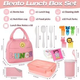 77 Pieces Preppy Bento Box Lunch Box Kit Large Pink Insulated Lunch Bag 3 Layer Stackable Leakproof Lunch Box Containers with Cup,Lunch Bag,Spoon,Fork,60 Pieces Lunch Box Notes for Girl(Pink)