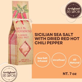 Sicilian Sea Salt with Chili Peppers, 7 oz, All-Natural Unrefined Flavored Sea Salt Infused with Dried Red Hot Chili Pepper, Trapani, Artigiani dei Sapori