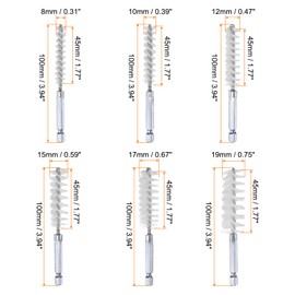 sourcing map 6Pcs Bore Brush Set 8mm,10mm,12mm,15mm,17mm,19mm Different Bristle Lengths Nylon Twisted Wire Cleaning Brush with 1/4" Hex Shank for Tubes