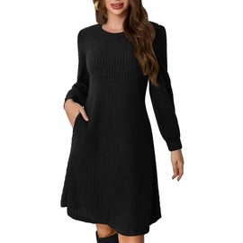 Ritiriko Women's Knitted Dress Puff Long Sleeve Pullover Dress for Autumn Winter Round Neck Casual Dress, 01-black