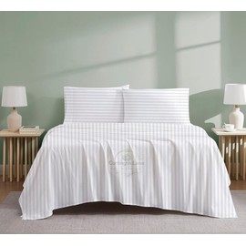 Olympic Queen Cotton Bed Sheets Set-400 Thread Count Cotton Sheets-4 Piece Sheet Set Fits Mattress Upto 12 Inch Deep Pocket Fitted Sheet-66 x 80 Size Sheets-White Stripe Olympic Queen Sheet for Bed