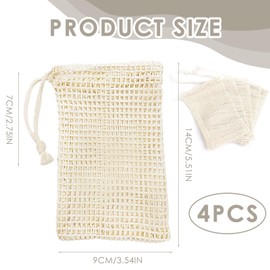 Pack of 4 Soap Bags, Soap Bags for Solid Soap, Extra Large Soap Net for Solid Shampoos and Soaps, Soap Bag Made of Natural Sisal, Cotton and Wood, Soap Net with Drawstring