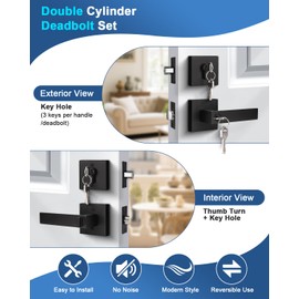 KNOBWELL 3 Pack Double Sided Keyed Entry Door Handles, Matte Black Exterior Leversets Front Door Knobs and Deadbolts(Same Key)