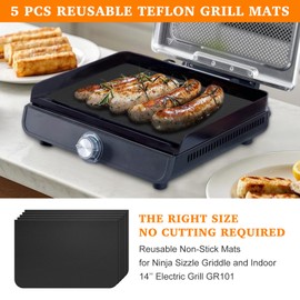 5 PCS Reusable Grill Mat Compatible with Ninja Sizzle Indoor Grill & Griddle GR101, Non-stick Grill Accessories Liner for Indoor Electric Griddle