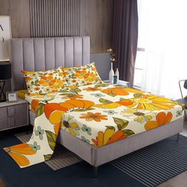 Retro Flowers Bed Sheet Set Twin Size,Watercolor Yellow Floral Green Leaves Plant Fitted Sheet + 1 Flat + 1 Pillow Sham,70s Trippy Daisy Bed Mattress Cover for Kids Boys Xmas Gift,Ultra Soft