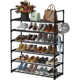 HOMICKER Metal Shoe Organizer,6 Tiers Shoe Storage Shoe Rack with Hooks,Fit 24-30 Pairs,Adjustable Shoe Shelf for Entryway,Hallway,Bedroom,Metal Bottom Support