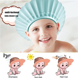 Shower Caps for Kids, KAMHBE Baby Shower Cap Shield Adjustable Dinosaur Hair Washing Shampoo Shield Baby Visor for Eyes, Ears and Face (shell-blue)