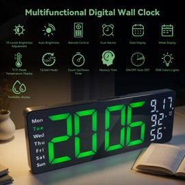 Digital Wall Clock Large Display, 17.3" Digital Clock with RGB Color Remote Control, Auto-Dimming Big Wall Clock with Night Light,Auto DST,Date Week,Temp for Home Decoration, for Elderly