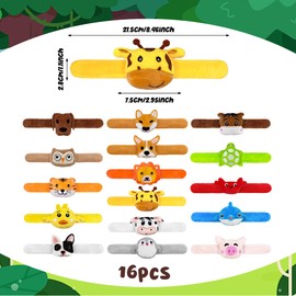 XIPEGPA 16 PCS Stuffed Animal Slap Bracelets Set Animal Farm Ocean and Jungle Plush Slap Bracelets Cute Wrist Band Toy for Party Favors 16 Styles