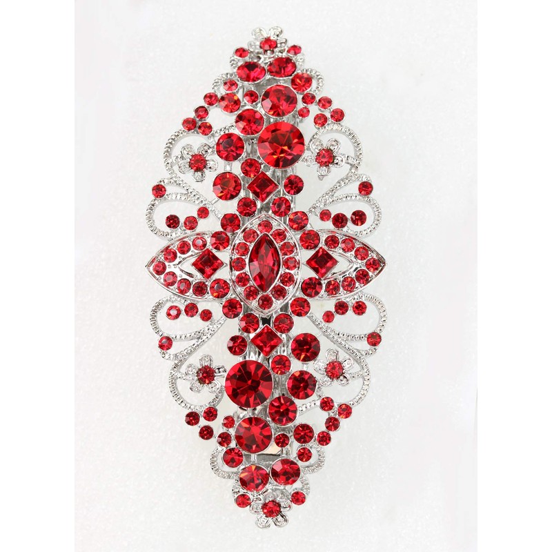 Faship Red Floral Crystal Hair Barrette Clip - Red