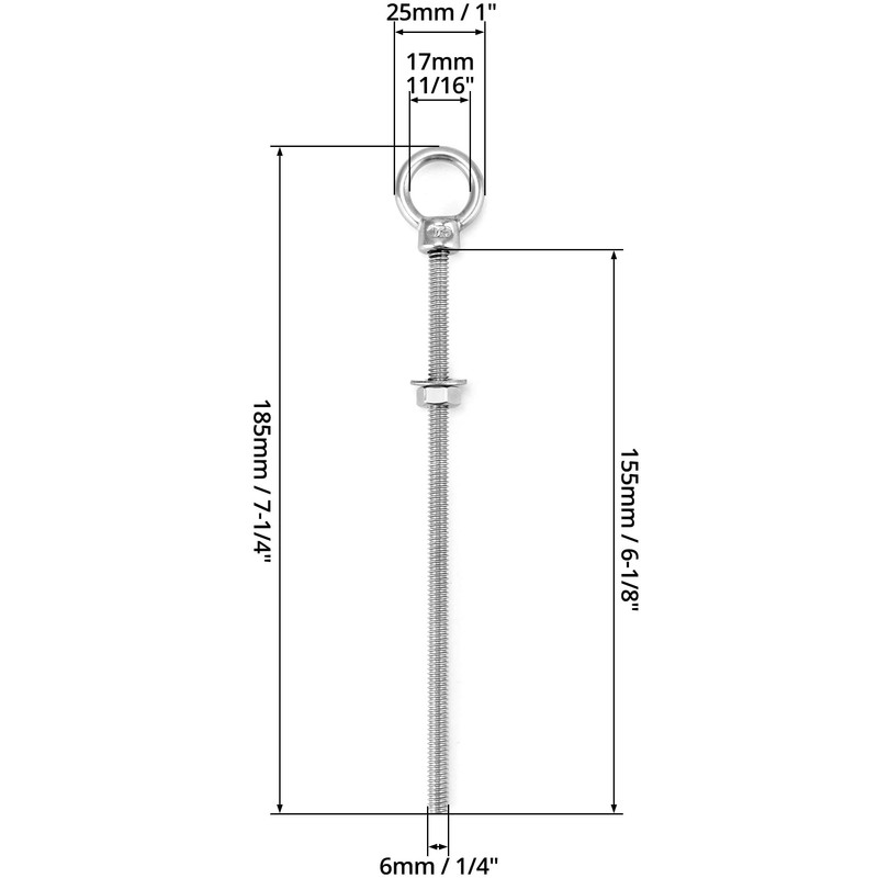 QWORK Threaded Eyebolts, 10 Pack 1/4" x 6" Long Stainless