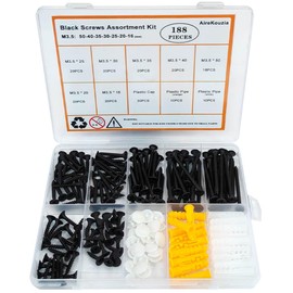 AireKouzia Wood Screws Assortment Kit - 188pcs Black Screw and Anchors Set for Wood, Drywall and More, Coarse Thread Flat Head Assorted-Screws with Plastic Screw-Hole Caps
