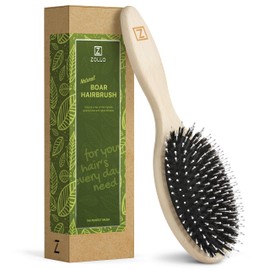 Natural Boar Bristle Hair Brush for Women, Men, Kids; Dry and Wet Detangling Hair Brush Gently Enhances Shine, Smooths Frizz and Prevents Breakage in Fine and Straight, Thick and Curly Hair (oval)