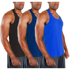 DEVOPS 3 Pack Men's Y-Back Dri Fit Muscle Gym Workout Tank Top (X-Large, Black/Navy/Blue)