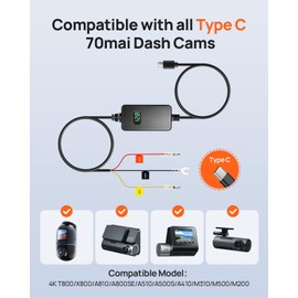 70mai Adjustable Hardwire Kit UP06 for Type-C Dash Cams, 3-Level Low Voltage Protection, Real-Time Voltage Display, 24H Parking Mode for M200/M310/M500/A510/A500S/A810/A800SE/X800/T800 Car Cameras