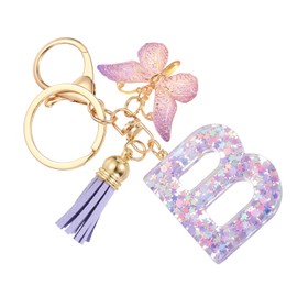 SUIKIHUM Initial Letter Keychains, (10.5cm/4.13" Mini Letter Butterfly KeyChain) Resin Tassel Pendant Car Keychain for Wallet Handbags Backpack, Purple (B)