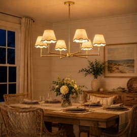 Rattan Chandelier for Dining Room, 6-Light Boho Coastal Chandelier Light Fixture with Woven-Look Scalloped Shades, Brushed Gold Pendant Lighting for Kitchen Island, Living Room, Bedroom