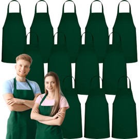 GREEN LIFESTYLE 12 Pack Bib Apron - Unisex Green Aprons, Machine Washable, Durable, Waterdrop Resistant - Aprons for Men and Women - Kitchen, Cooking, BBQ, Drawing Bulk (No Pockets, Green)