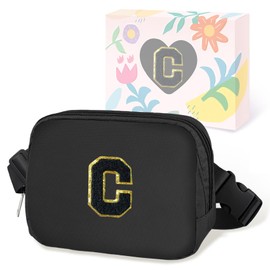 COSHAYSOO Valentines Birthday Initial Gifts for Teen Boys 5 6 7 8 9 10 11 12 13 14 Year Old Black Fanny Pack for Women Belt Bag Crossbody Travel Purse Monogrammed Unique Trendy Stuff Chenille Letter C
