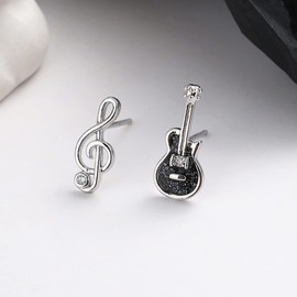 BG&WLing Guitar Earrings for Women，925 Sterling Silver Music Note Earring Studs Dainty Jewelry Gifts for Music Lover (Black Guitar)