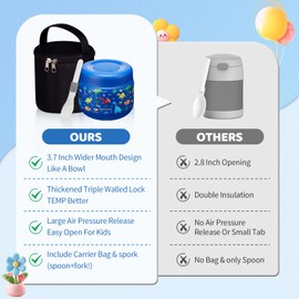 Kids Thermo for Hot Food Drink - with Lunch Cooler Bag & Foldable Spoon, Keep Cold-12h Hot-8h, Spill-proof 18/8 Stainless Steel Vacuum Soup Box Container for Toddler Boy, 9 OZ Food Jar for School