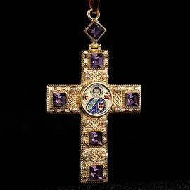 THE BLING KING Gold Plated Pectoral Cross Pendant with Exquisite Detailing and Stones (Pendant: 60mm length, Chain: 22" length, 6mm width, Weight: 45g)