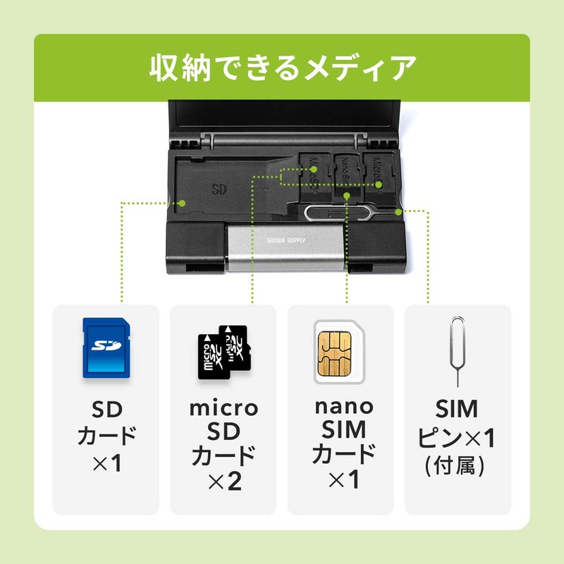 Sanwa Direct 400-ADR323GY SD/TF Card Reader with Media Case, USB-C