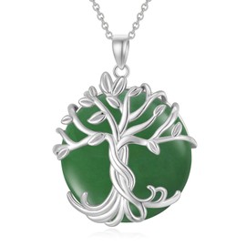HPQQ Tree of Life Necklace Sterling Silver Plated 14K Gold Round Jade Family Tree Jewelry for Women Mother Sister Birthday Valentines Day Mothers Day Gifts, Large, Sterling Silver, Jade