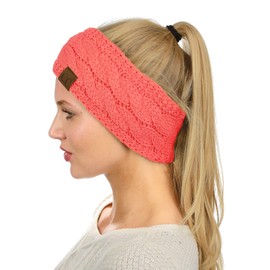 C.C Soft Stretch Winter Warm Cable Knit Fuzzy Lined Ear Warmer Headband, Coral