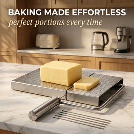 Cheese Slicer Board with Wire, Stainless Steel Cheese Cutter with Measuring Grid, Adjustable Thickness for Cheese & Butter, Includes 5 Replacement Wires