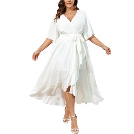 SCOMCHIC Women Plus Size Maxi Dress Short Sleeve Wrap V Neck High Low Split Ruffle Long Dress White