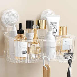 LUXEAR Clear Shower Caddy Suction Cup, No Drilling Removable Shower Shelf, Max Hold 22lbs Suction Bathroom Caddy, One Second Installation Waterproof Suction Shower Organizer for Bathroom Kitchen