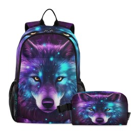 FUQIUMI School Backpack and Insulated Lunch Bag Set Teens Girls Boys Kids Schoolbag Set Wolf Backpack