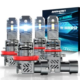 RAMHORN 9005 H11 Bulbs, HB3+H8/H9 500% Brightness Upgraded Design 6500K Cool White Plug-N-Play Fog Light, Pack of 4