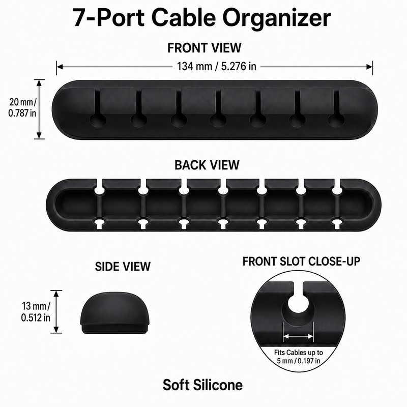 5-Pack 7-Port Silicone Cable Organizers, Desktop Cord Holders for USB