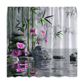 Spa Shower Curtain Orchid Flower Green Plants Zen Stone Spring Oriental Japanese Relax Meditation Fabric Bathroom Decor Sets with Hooks