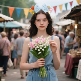 bianbaistar Light Blue Velvet Mouse Ear Headband with Crochet Flower Decorations - A Charming Accessory for Theme Parks and Parties