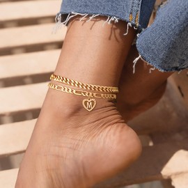 ABDOT Dainty Gold Ankle Bracelets for Women 14K Gold Plated Heart Initial Anklets for Women Teen Girls Stackable Cuban Figaro Chains Women's Anklets Anklets for Women Waterproof