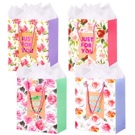 ZJHiome Medium Gift Bags, 4 Pack 9''Floral Paper Bag with Tissue Paper for Anniversary Birthday Wedding Baby Shower Easter Party(Floral)