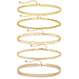DEARMAY Gold Anklets for Women Waterproof Ankle Bracelets for Women 14K Gold Plated Cuban Link Anklet Bracelets for Women Cute Figaro Paperclip Rope Herringbone Anklets Set Gold Jewelry Gift