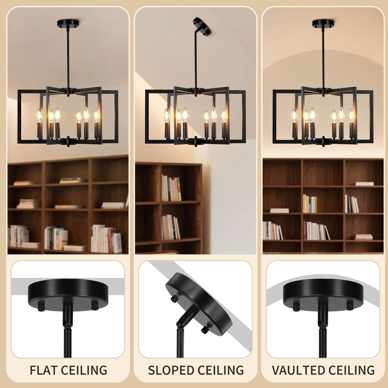 LUMLLSAJI 6-Light Modern Black Chandeliers for Dining Room, Geometric Metal