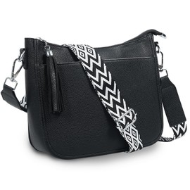 Trustjade Crossbody Bags for Women,2 Adjustable Straps(Wide Guitar Strap&Solid Color Strap),PU Leather Crossbody/Shoulder Bag,Compact and Lightweight for Short&Long Distance Commuting-Black