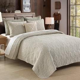 HORIMOTE HOME Cotton Quilt King Size, Beige Jacquard Embossed Quilt Set Full Size Soft Lightweight Stonewashed Bedspread Coverlet, Vintage Farmhouse Style Quilt Bedding Set for All Season, 3 Pieces