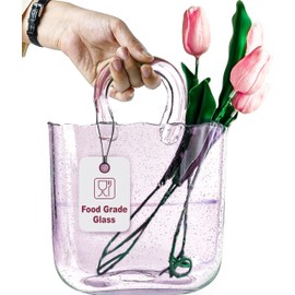 OLEEK Handmade Glass Purse Vase for Flowers and Drinks - 10 in - Cute Pink Centerpiece & Fish Bowl - Unique Handbag Flower Vase - Wide Mouth Decorative