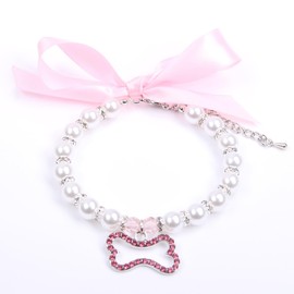 XKSRWE Dog Cat Pearls Necklace Collar with Rhinestones Bone Charm Pendant Pet Puppy Jewelry Accessory (Pink, Extra Large)